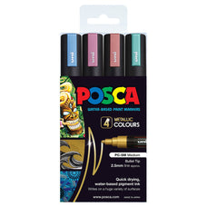 Uni Posca Paint Marker Set, PC-5M, Metallic Colours, Set of 4 Markers, PC5MMET4P, Medium Bullet Tip, Assorted Colours, 1.8-2.5mm CX250237