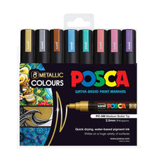 Uni Posca Paint Marker Set, PC-5M, Metallic Colours, Set of 8 Markers, PC5MMET8P, Medium Bullet Tip, Assorted Colours, 1.8-2.5mm CX250236