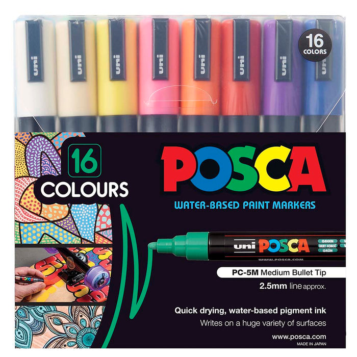 Uni Posca Paint Marker Set, PC-5M, Set of 16 Markers, Assorted Colours, Medium Bullet Tip, 1.8-2.5mm CX250305
