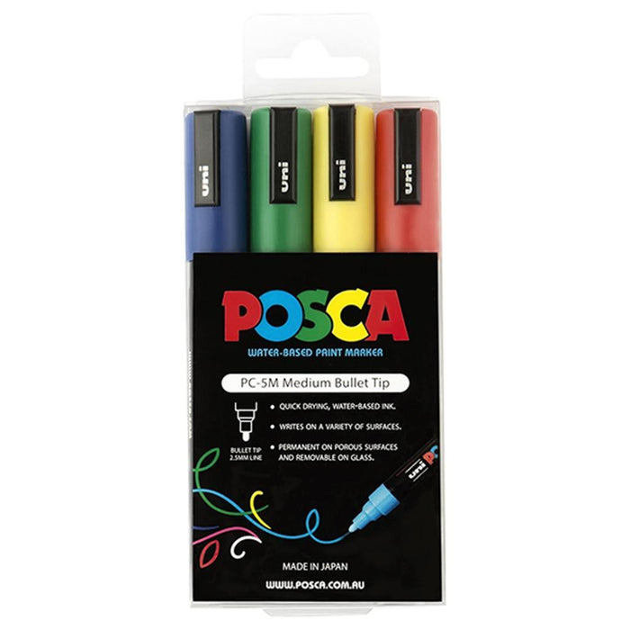 Uni Posca Paint Marker Set, PC-5M, Set of 4 Markers, PC5M4PASS, Medium Bullet Tip, Assorted Colours, 1.8-2.5mm CX250108