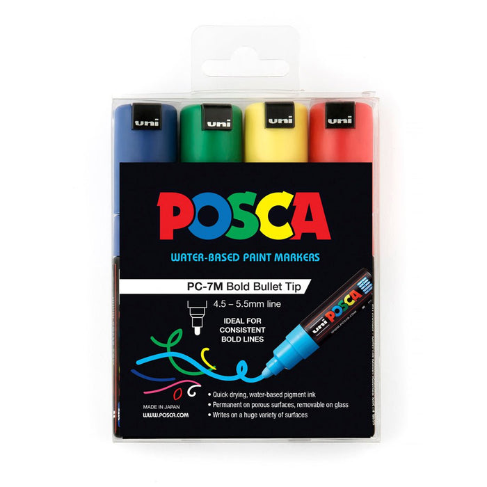 Uni Posca Paint Marker Set, PC-7M, Assorted Colours, Set of 4 Markers, Bold Bullet Tip, 4.5-5.5mm, Green Yellow Red Blue CX250211