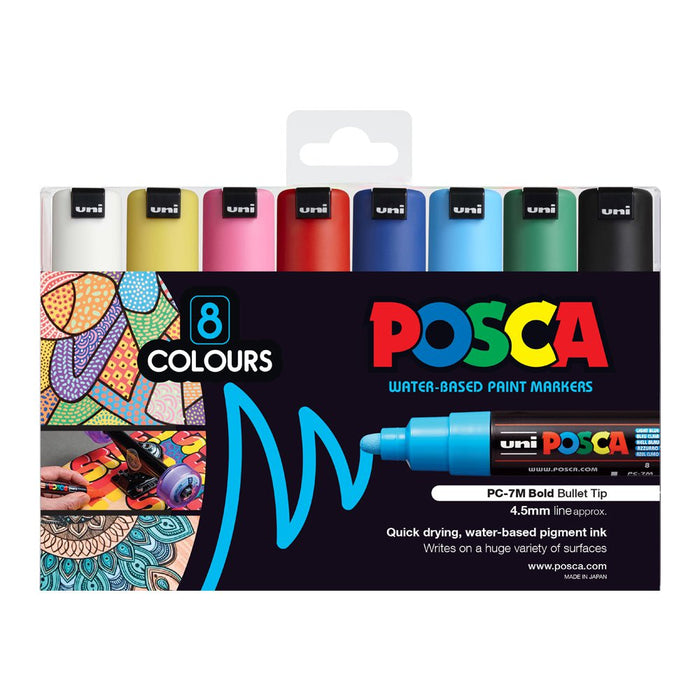 Uni Posca Paint Marker Set, PC-7M, Assorted Colours, Set of 8 Markers, Bold Bullet Tip, 4.5-5.5mm CX250235