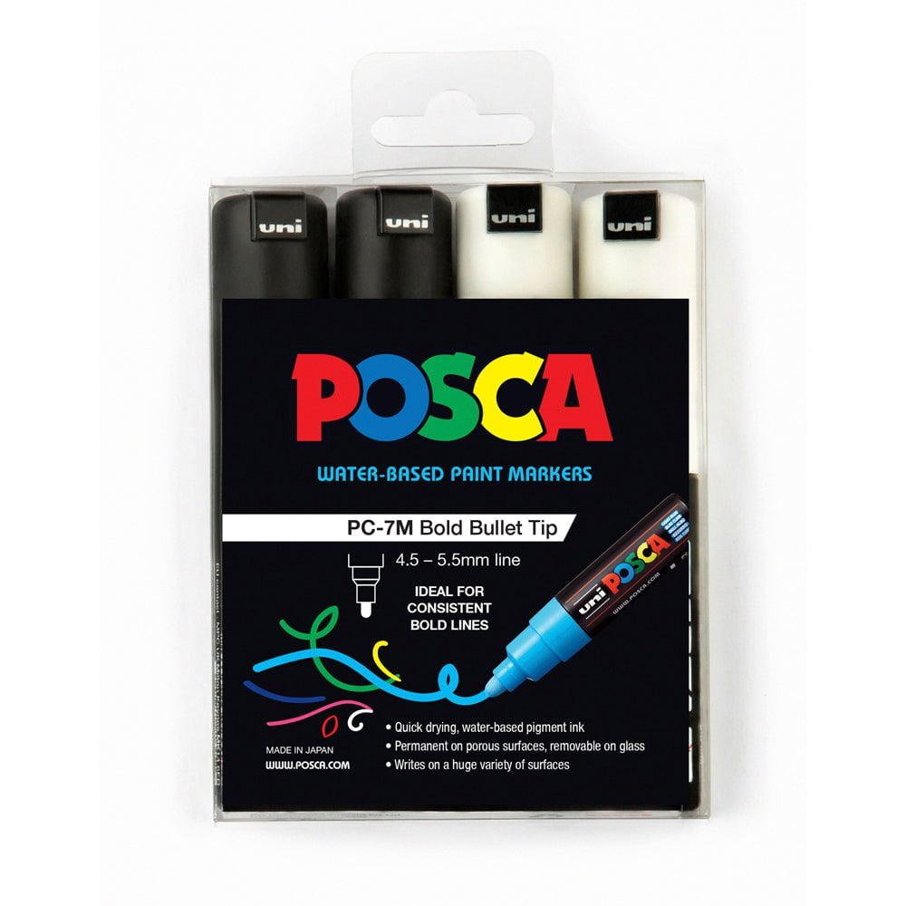 Uni Posca Paint Marker Set, PC-7M, Black & White, Set of 4 Markers, Bo ...