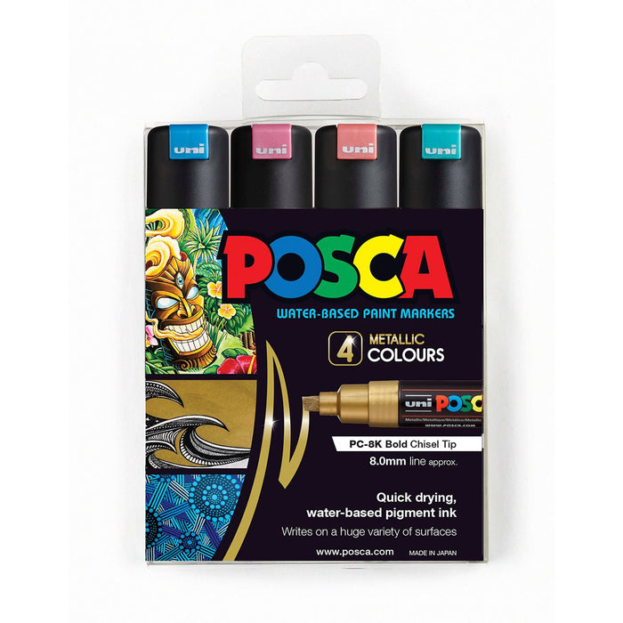 Uni Posca Paint Marker Set, PC-8K, Metallic Colours, Set of 4 Markers, Chisel Tip, 8.0mm CX250233