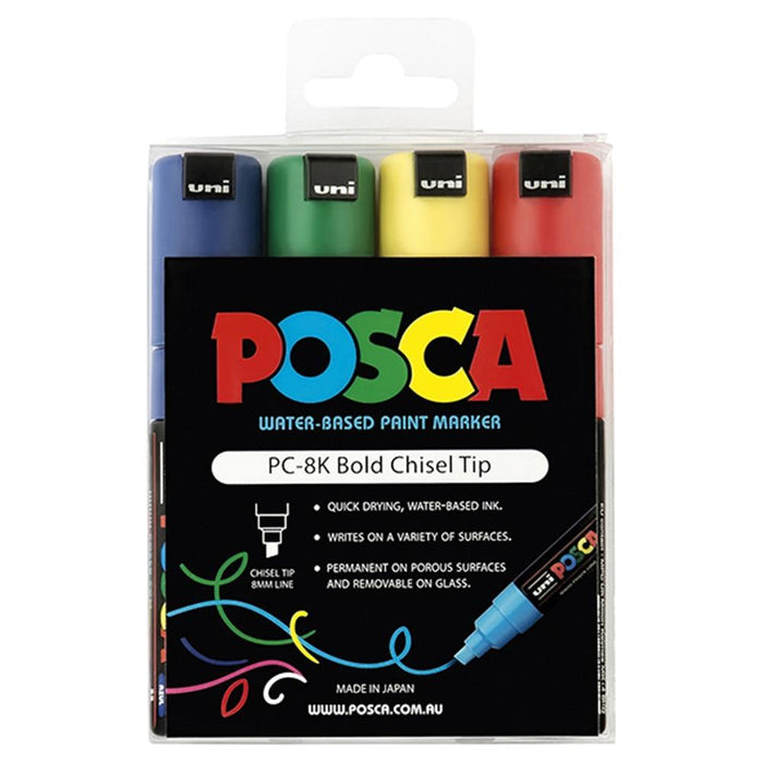 Uni Posca Paint Marker Set, PC-8K, PC8K4PASS, Assorted Colours, Set of 4 Markers, Chisel Tip, 8.0mm CX250120