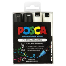 Uni Posca Paint Marker Set, PC-8K, PC8K4PBKWH, Black & White, Set of 4 Markers, Chisel Tip, 8.0mm CX250119