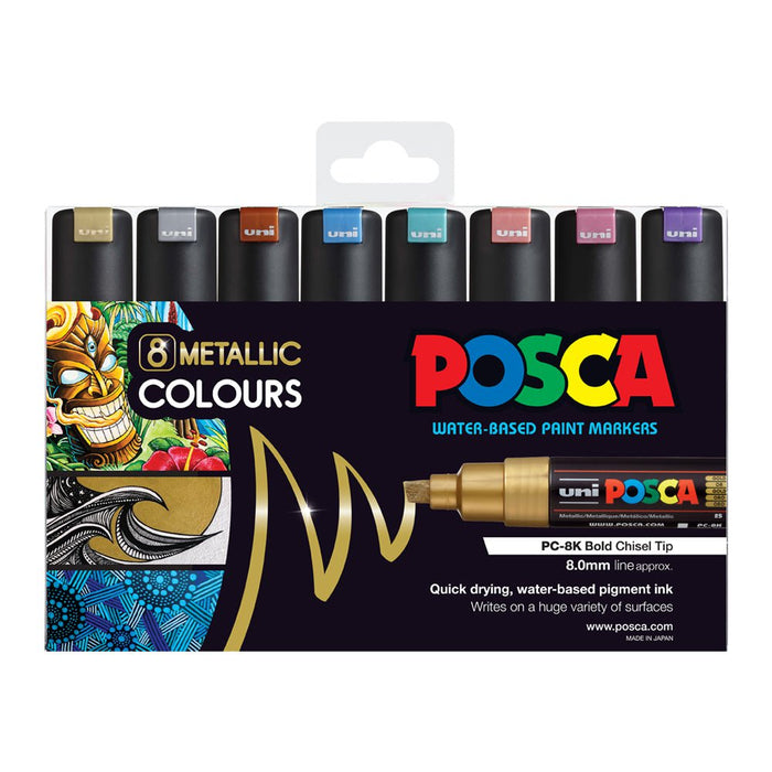 Uni Posca Paint Marker Set, PC-8K, PC8KMET8P, Metallic Colours, Set of 8 Markers, Chisel Tip, 8.0mm CX250232