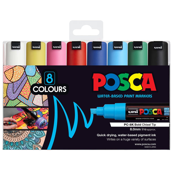 Uni Posca Paint Marker Set, PC-8K, Set of 8 Markers, PC8K8AOW, Chisel Tip, Assorted Colours, 8.0mm CX249732