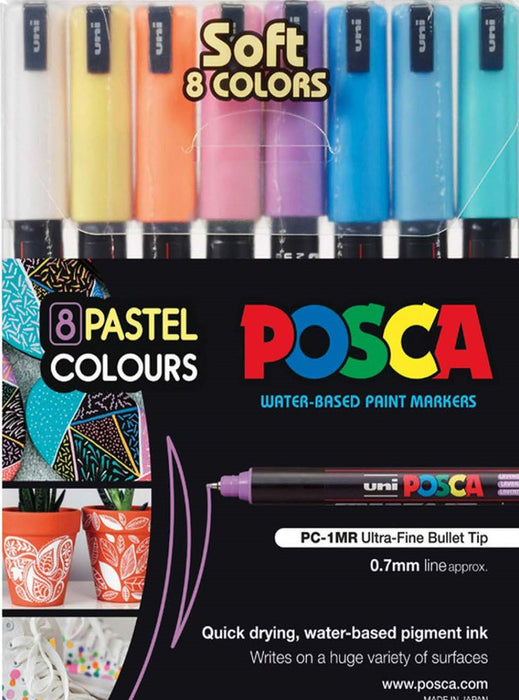Uni Posca Paint Marker Set, Soft Colours, PC-1MR, Ultra Fine, Set of 8 Markers, PC1MRSC8C, 0.7mm CX249024