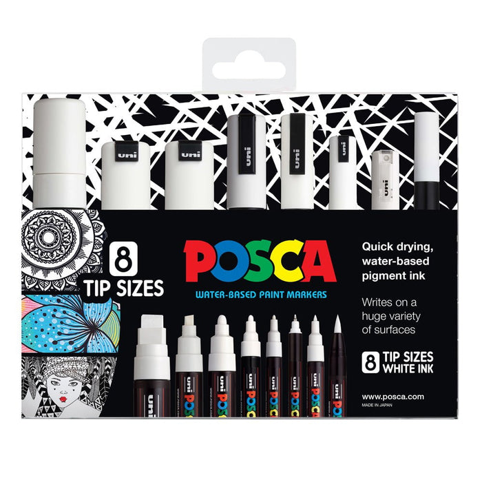Uni Posca Paint Marker Set, White, PCWALLETWH, Assorted Tips, Set of 8 White Markers CX250230