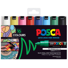 Uni Posca Paint Markers PC-7M Set, Bold Bullet, 16 Pack, 4.5-5.5mm, Assorted  Colours CX250324