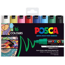Uni Posca Paint Markers PC-8K Set, Bold Chisel, 16 Pack, 8.0mm, Assorted Colours CX250326
