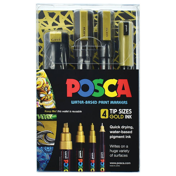 Uni Posca Paint Markers Set, Gold, Pack of 4, Assorted Tip Sizes CX250328