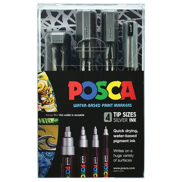 Uni Posca Paint Markers Set, Silver, Pack of 4, Assorted Tip Sizes CX250329