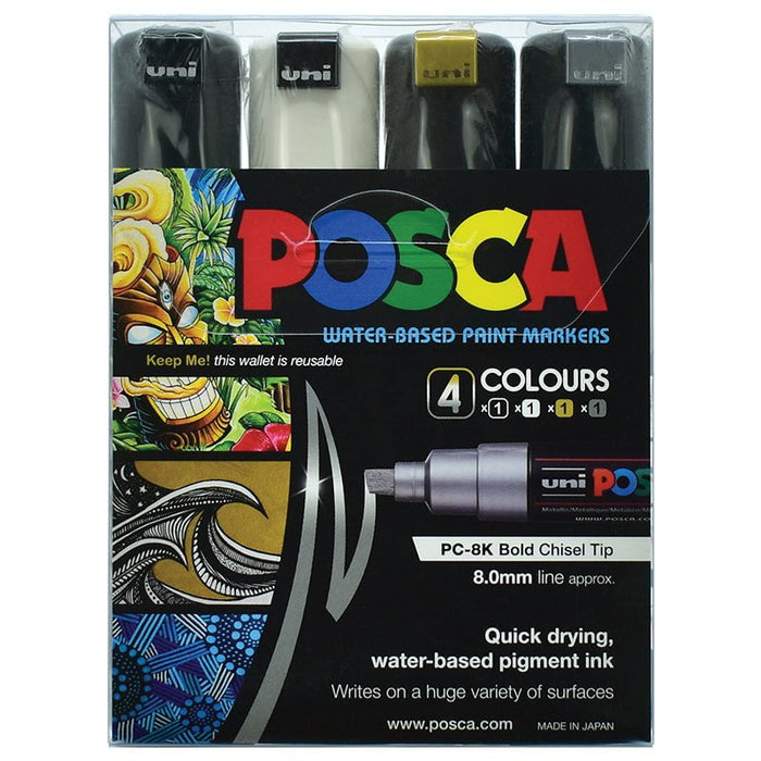 Uni Posca PC-8K Marker 8.0mm Bold Chisel 4 Pack - Black, Whie, Gold, Silver (PC8K4PBWGS) CX250325