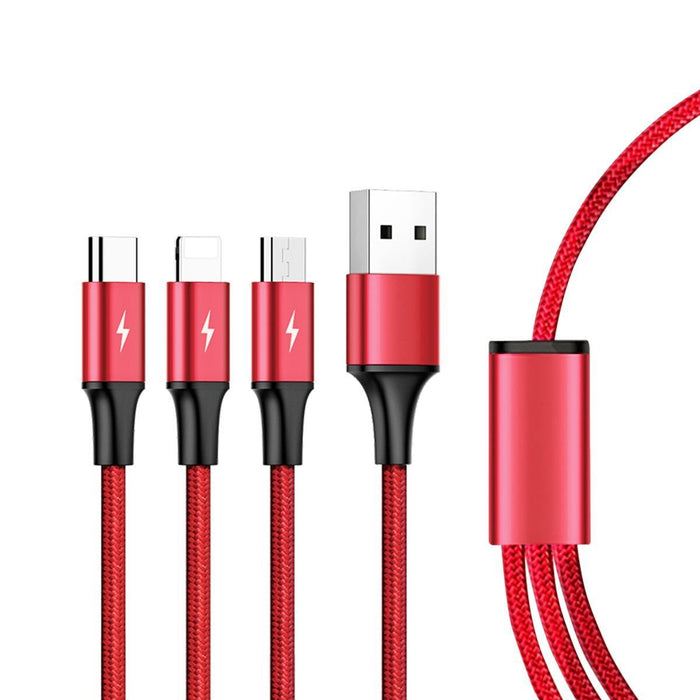 UNITEK 1.2m USB 3-in-1 Charge Cable. Integrated USB-A to Micro-B, Lightning Connector & USB-C Connector. Red Colour. CDC4049RD