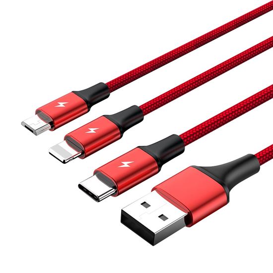 UNITEK 1.2m USB 3-in-1 Charge Cable. Integrated USB-A to Micro-B, Lightning Connector & USB-C Connector. Red Colour. CDC4049RD