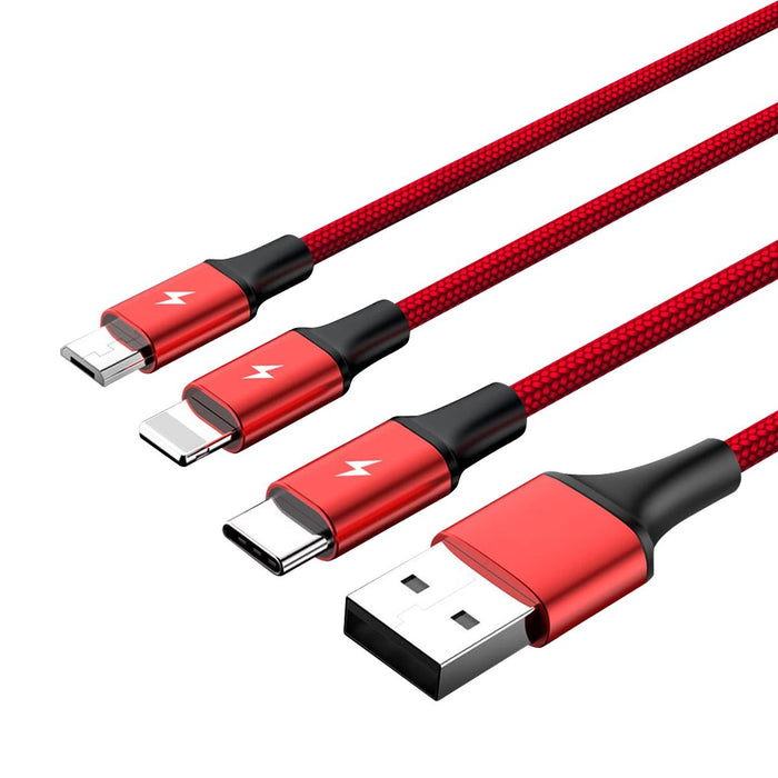 UNITEK 1.2m USB 3-in-1 Charge Cable. Integrated USB-A to Micro-B, Lightning Connector & USB-C Connector. Red Colour. CDC4049RD