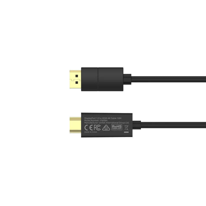 UNITEK 1.8m DisplayPort to HDMI Cable. Supports Max Res up to 4K@60Hz. Unidirectional Cable. Supports Transfer Rate up to 18Gbps Stream with HDCP2.2. Gold Plated Connectors. Black Colour. CDV1608A