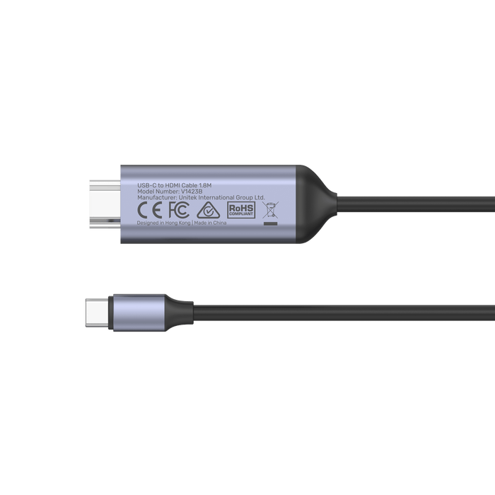 UNITEK 1.8m USB-C to HDMI Cable. Supports Premium  AV UltraHD 8K. Supports Res up to 8K@60Hz. Stream with HDCP2.3. Aluminium Housing. Plug & Play. Black Cable, Grey Connectors. CDV1423B