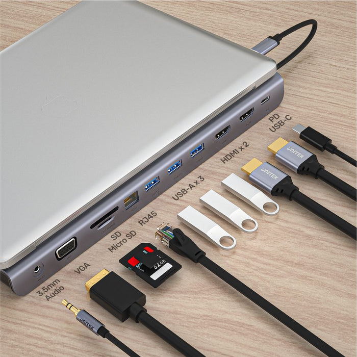 UNITEK 11-In-1 Mulit-Port Hub with Support for MST Triple Monitor (Dual HDMI) & USB-C Connector. Includes 3x USB-A Ports, 2x HDMI Ports, 1x VGA, USB-C PD 100W Port, 1x RJ45, 1x SD/Micro SD Slot, 3.5mm CDD1022B