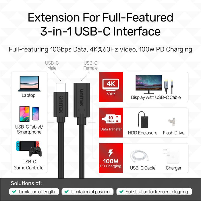 UNITEK 1m USB-C 3.1 Male to Female Extension Cable. Supports up to 4K@60Hz,100W/20V 5A  Power Delviery and 10Gbps Transfer Rate. Backwards Compatible with USB 3.0/2.0/1.1. Plug and Play CDC14086BK-1M