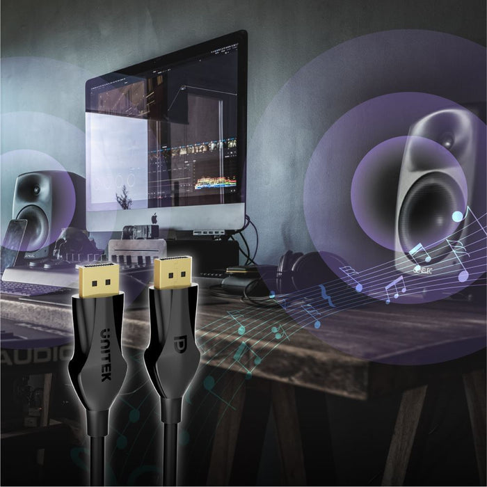 UNITEK 2m DisplayPort V1.4 Cable Supports up to 8K @60Hz, 4K @144Hz, 1440p @240Hz, 32.4Gbps Bandwidth, Latched Connectors, Flexible Cable, Gold Plated Connectors. Black. CDC1624BK-2M