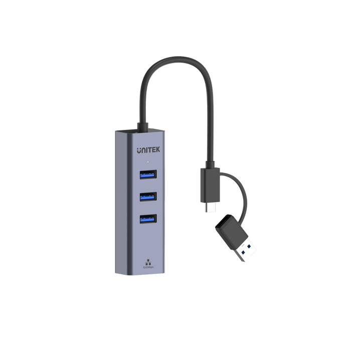 UNITEK 4-in-1 USB Multi-port Hub with 2-in-1 Connectors (USB-C & USB-A). Includes 3x USB-A 3.0 Ports, 1x Gigabit Ethernet RJ45 Port, Plug & Play. AluminiumIn Alloy Housing. Space Grey Colour. CDY-3088B