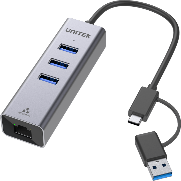 UNITEK 4-in-1 USB Multi-port Hub with 2-in-1 Connectors (USB-C & USB-A). Includes 3x USB-A 3.0 Ports, 1x Gigabit Ethernet RJ45 Port, Plug & Play. AluminiumIn Alloy Housing. Space Grey Colour. CDY-3088B