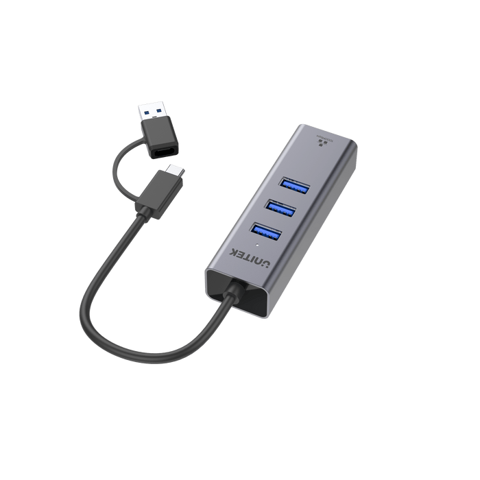 UNITEK 4-in-1 USB Multi-port Hub with 2-in-1 Connectors (USB-C & USB-A). Includes 3x USB-A 3.0 Ports, 1x Gigabit Ethernet RJ45 Port, Plug & Play. AluminiumIn Alloy Housing. Space Grey Colour. CDY-3088B
