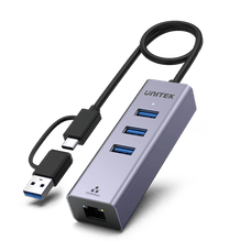 UNITEK 4-in-1 USB Multi-port Hub with 2-in-1 Connectors (USB-C & USB-A). Includes 3x USB-A 3.0 Ports, 1x Gigabit Ethernet RJ45 Port, Plug & Play. AluminiumIn Alloy Housing. Space Grey Colour. CDY-3088B