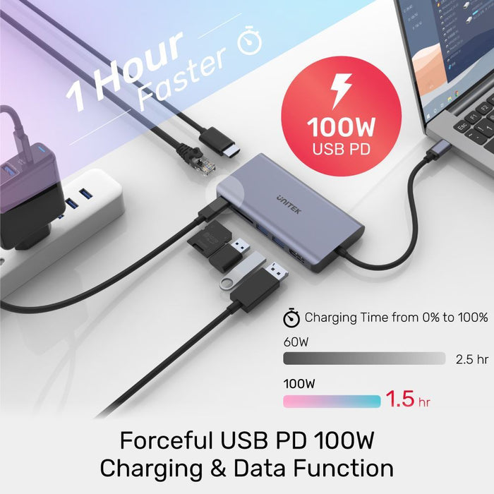 Unitek 7-in-1 USB 3.1 Multi-Port Hub, USB-C Connector, 1x HDMI, 1x DisplayPort, 2x USB-A, 1x RJ45 Gig Port, 1x Card Reader, USB-C PD 100W, Space Grey CDD1056A