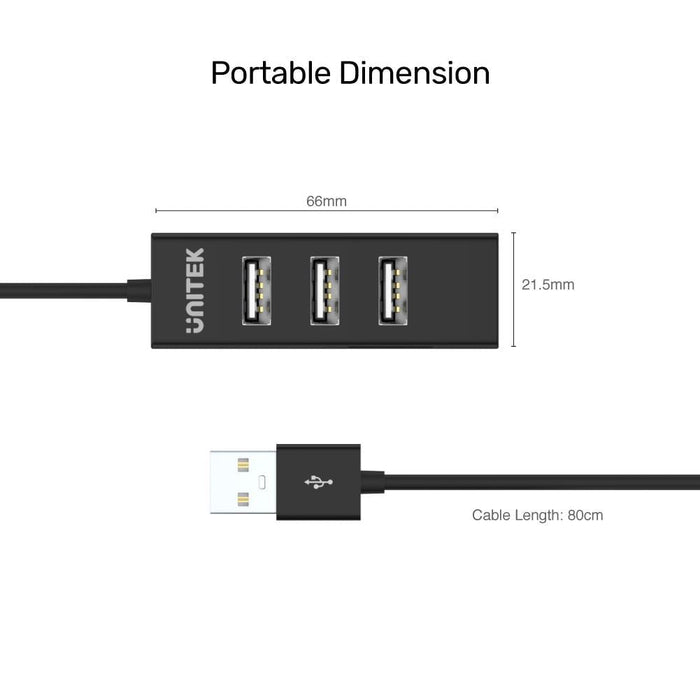 Unitek USB-A 2.0 4-Port High Speed Hub, Data Transfer Speed up to 480Mbps, Up to 4 Devices Simultaneously, Black CDY-2140