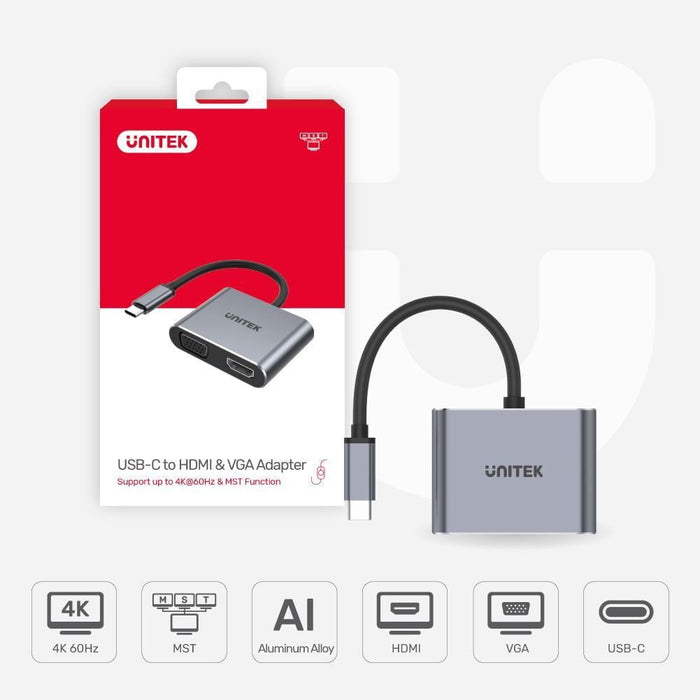 Unitek USB-C to HDMI 2.0 & VGA Adapter with MST Dual Monitor Support. 4K@60Hz UHD HDMI. Full HD VGA. Aluminium-Alloy Housing. 10cm Cable. Plug & Play. Space Grey Colour. CDV1126A