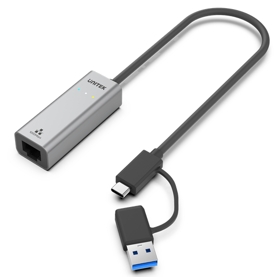 UNITEK USB to Gig Ethernet Adapter with 2-in-1 Connectors (USB-C & USB-A). Supports up to 5Gbps, Supports IEEE 802.3, Aluminium Alloy Housing, 30cm Cable, Space Grey Colour. CDY-3465A