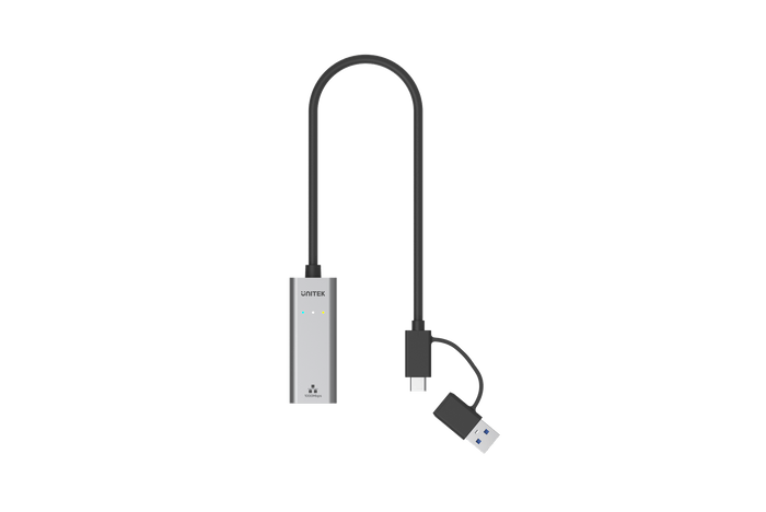 UNITEK USB to Gig Ethernet Adapter with 2-in-1 Connectors (USB-C & USB-A). Supports up to 5Gbps, Supports IEEE 802.3, Aluminium Alloy Housing, 30cm Cable, Space Grey Colour. CDY-3465A