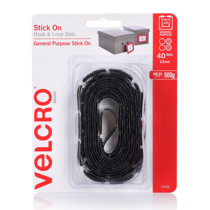 Velcro 22mm Stick On Hook & Loop Dots, Pack of 40, Black, 500g CDVEL25568