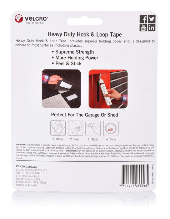 Velcro 25mm x 1m Heavy Duty Hook & Loop Tape, Black, 3kg CDVEL25556