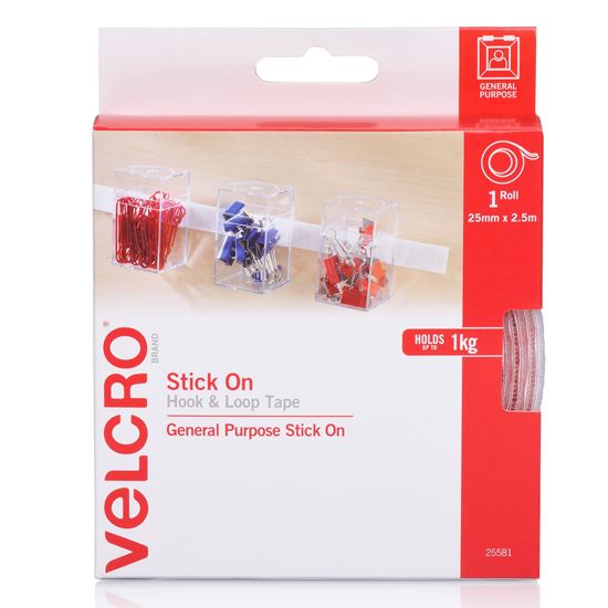 Velcro 25mm x 2.5m Stick on Hook & Loop Roll/Tape, White, 1kg CDVEL25581