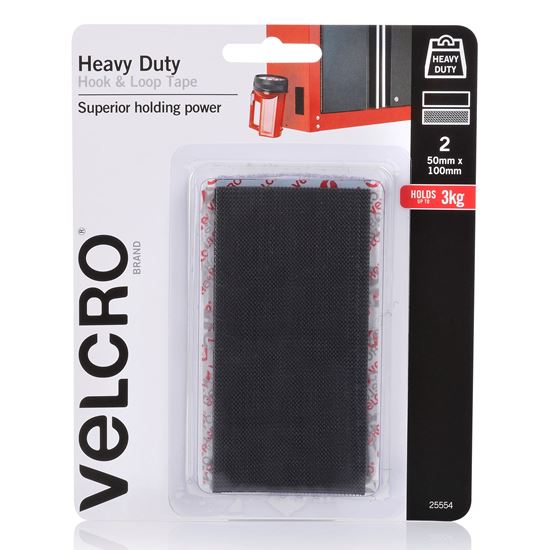 Velcro 50mm x 100mm Heavy Duty 2 Pack Hook & Loop Tape, Superior Holding Power Up To 3kgs, Black CDVEL25554