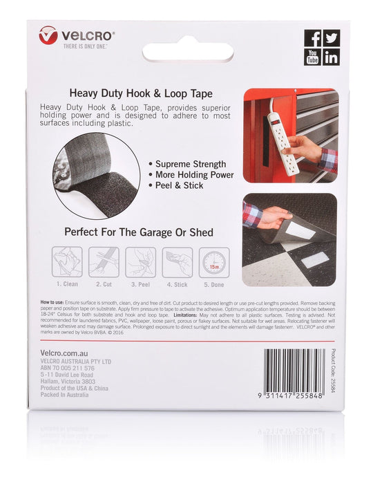 Velcro 50mm x 2.5m Adhesive Heavy Duty Hook & Loop Roll/Tape, Black, 3kg CDVEL25584