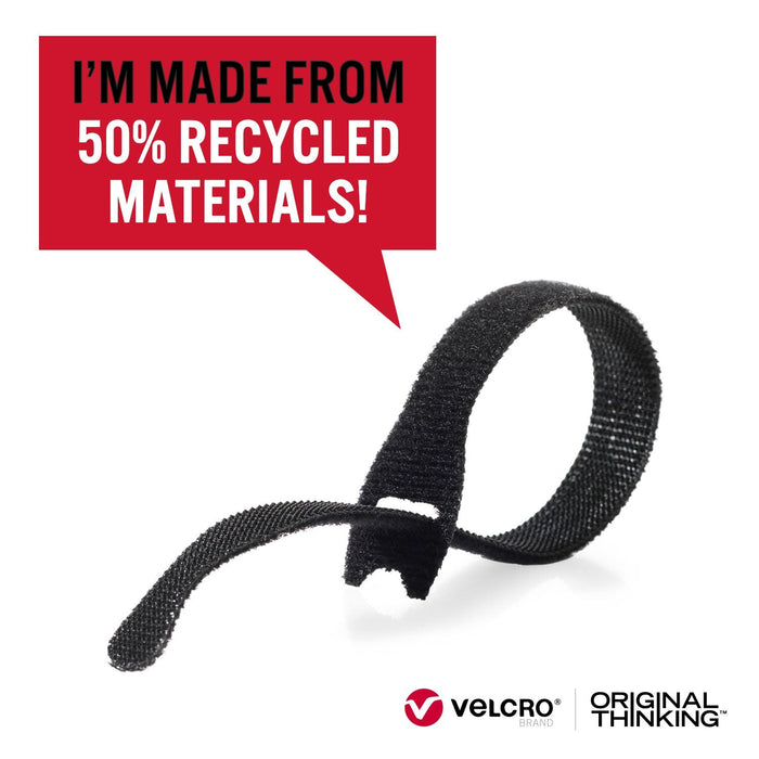 VELCRO Brand ECO 9.5mm x 12.7cm Pre-Cut Straps, 6's pack, Made from 50% Recycled Materials, Black, Suitable for Indoor or Outdoor Use CDVEL30187