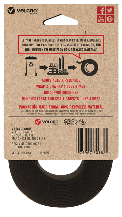 VELCRO Brand ECO Roll Straps, 2.5cm x 3mt, Made from 50% Recycled Materials, Black, Suitable for Indoor or Outdoor Use CDVEL30188