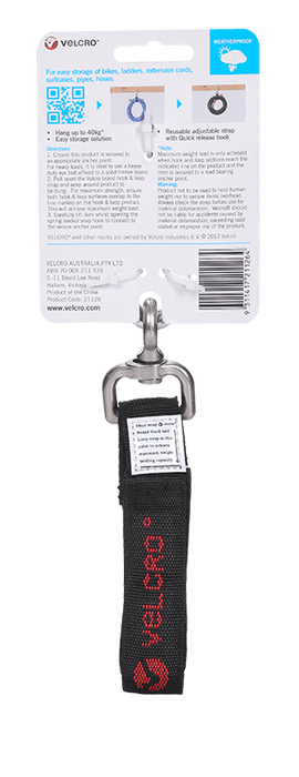 Velcro Easy Hang 430mm Strap with Hook, Black, 40kg CDVEL21126