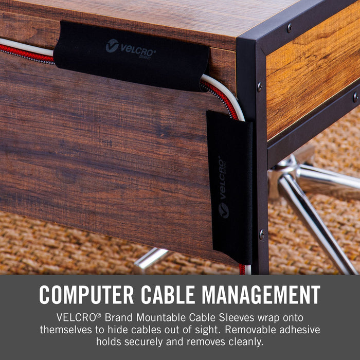 Velcro Mountable Cable Sleeves, Mount Electrical Cords, Removable Adhesive, Under Desk Management, 203x120mm, 2x Sleeve Pack, Black CDVEL30795