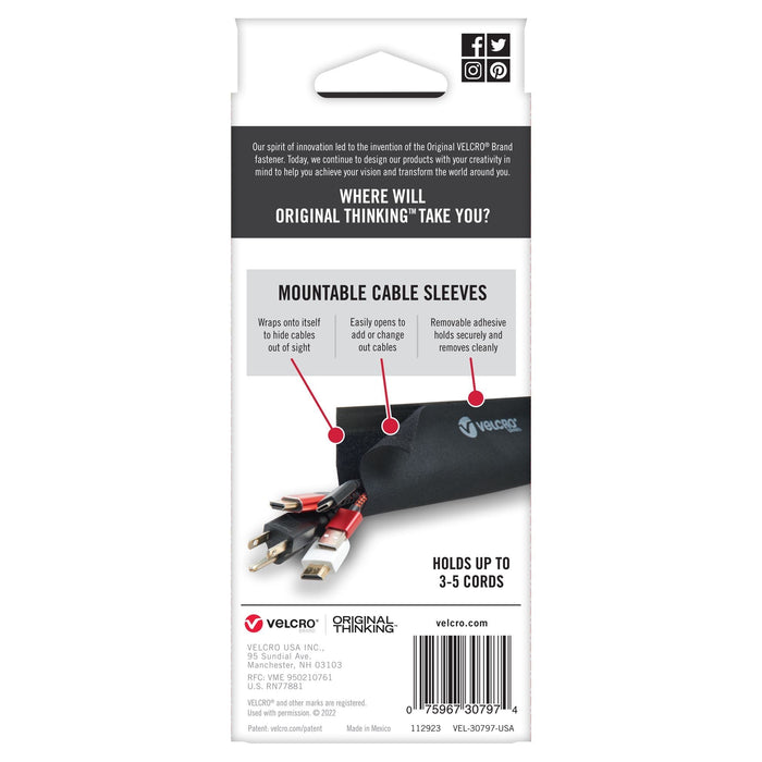 Velcro Mountable Cable Sleeves, Mount Electrical Cords, Removable Adhesive, Under Desk Management, 304x146mm, 2x Sleeve Pack, Black CDVEL30797