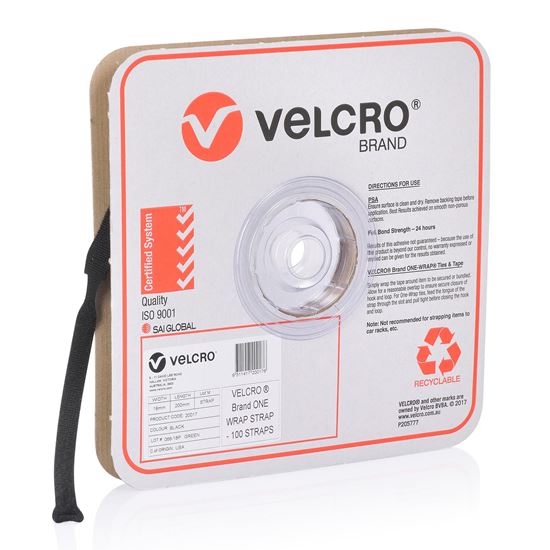 Velcro One-Wrap 19mm x 200mm Pre-sized Ties, 100 Ties per Roll, Black CDVEL20017