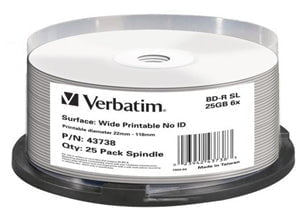 Verbatim BD-R 25GB 6X White Wide Printable Blu-Ray Disks, 25 Pack on Spindle DVMV432