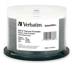 Verbatim BD-R 25GB 6X White Wide Thermal Printable Blu-Ray Disks, 50 Pack on Spindle DVMV435