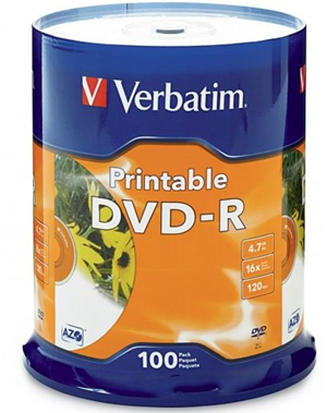 Verbatim DVD-R 4.7GB 16x White Printable 100 Pack on Spindle DVMV271